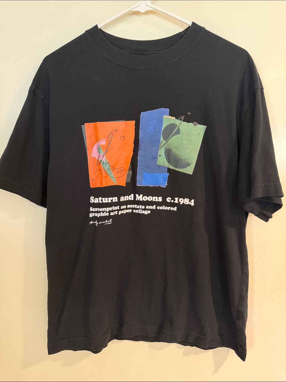 Saturn and Moons Graphic Tee in Black with Color Blocks Andy Warhol Mens sz S UT
